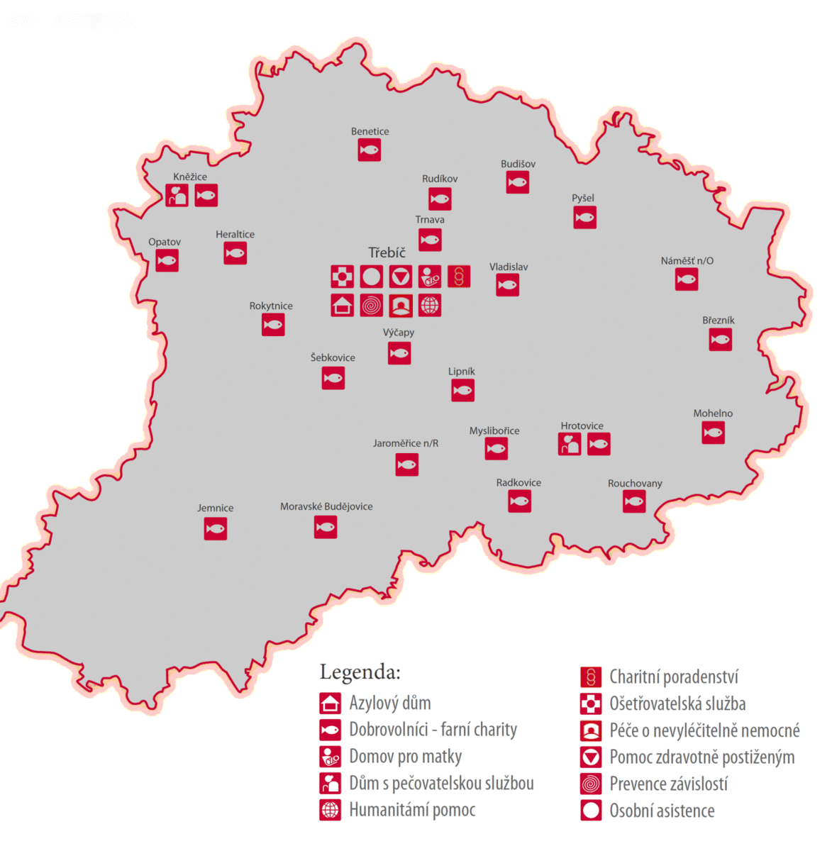 Mapka okresu Třebíč - kde pomáháme